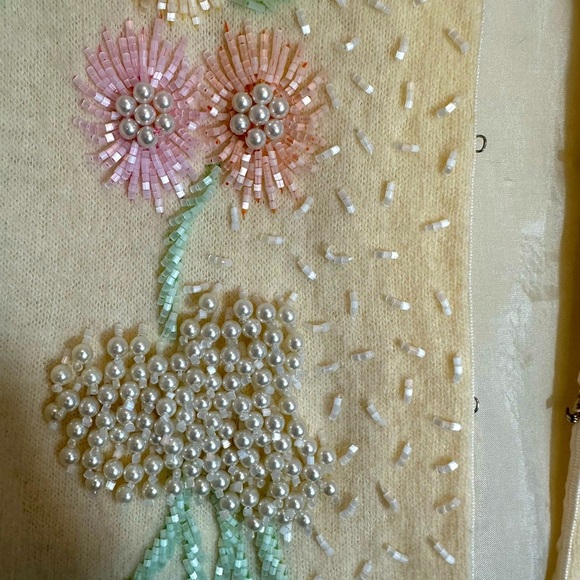 Vintage 1960’s Women’s Size L Angora Wool Beaded Floral Sweater Cardigan Lined - Picture 11 of 16